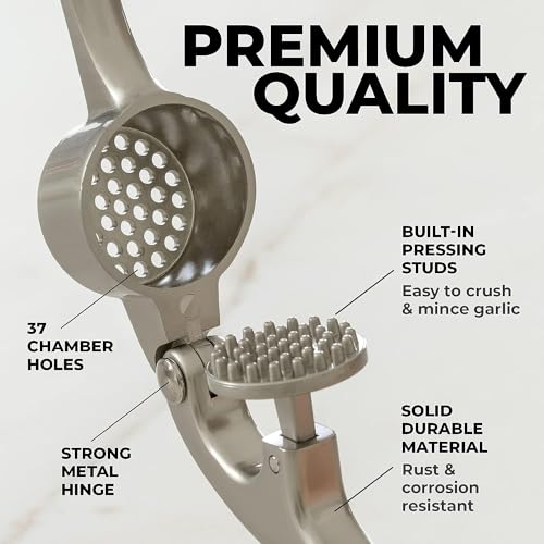 Zulay Kitchen Premium Garlic Press Set - Rust Proof & Dishwasher Safe Professional Garlic Mincer Tool - Easy-Squeeze, Easy-Clean with Soft, Ergonomic Handle - Silicone Garlic Peeler & Brush (Silver)