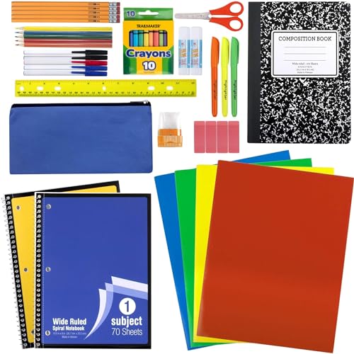 45 Piece School Supply Kit Grades K-12 - School Essentials Includes Folders Notebooks Pencils Pens and Much More!