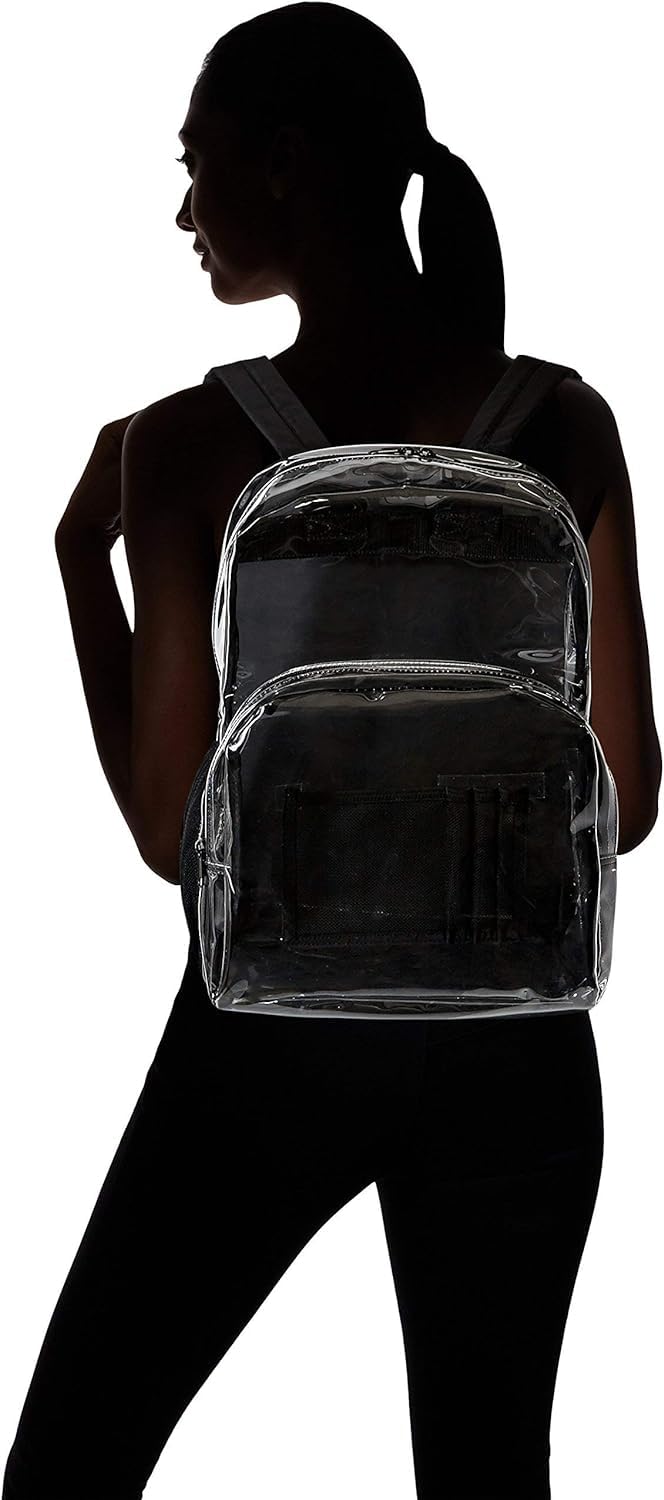 Amazon Basics Transparent School Backpack, With Water-Resistant PVC Plastic Material and Ruggedly Ruinforced Shoulder Straps, Clear