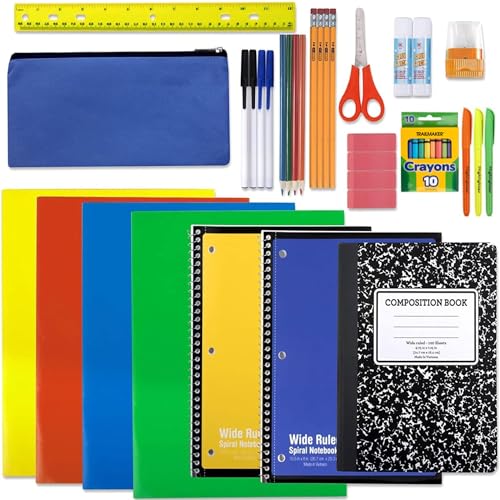 45 Piece School Supply Kit Grades K-12 - School Essentials Includes Folders Notebooks Pencils Pens and Much More!