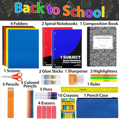 45 Piece School Supply Kit Grades K-12 - School Essentials Includes Folders Notebooks Pencils Pens and Much More!