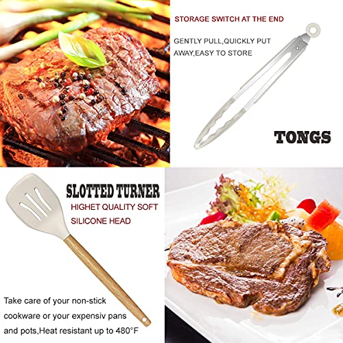 Kitchen Utensils Set- 35 PCs Cooking Utensils with Grater,Tongs, Spoon Spatula &Turner Made of Heat Resistant Food Grade Silicone and Wooden Handles Kitchen Gadgets Tools Set for Nonstick Cookware