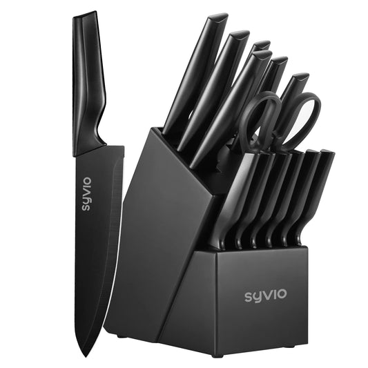 Knife Set, syvio 15pcs Knife Sets for Kitchen with Block and Sharpener, Razor-Sharp, Effortless Sharpening, Premium Kitchen Knives with Heavy Poultry Shears and 6pcs Serrated Steak Knives