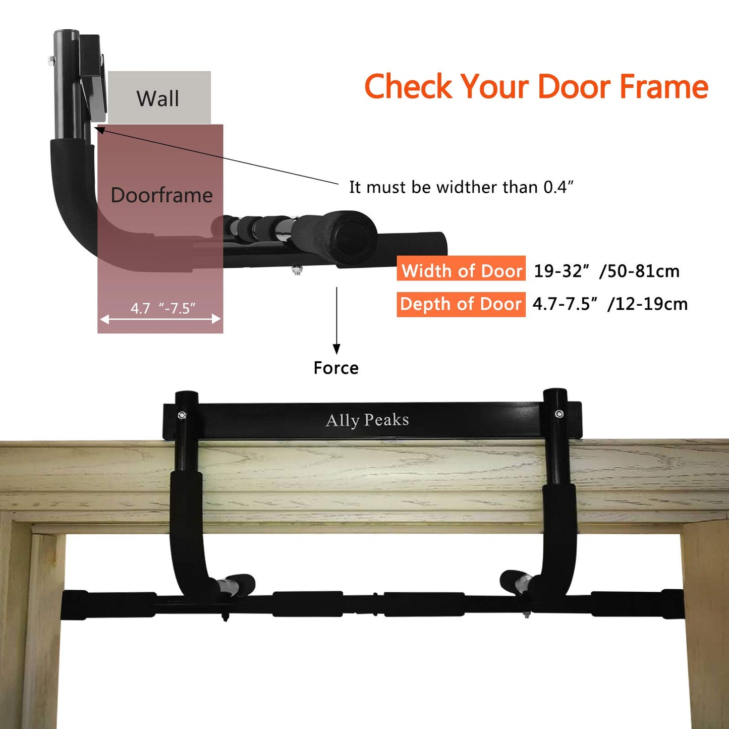 Ally Peaks Pull Up Bar for Doorway | Thickened Steel Max Limit 440 lbs Upper Body Workout| Multi-Grip Strength| Indoor Chin-Up Bar Fitness Trainer for Home Gym Portable