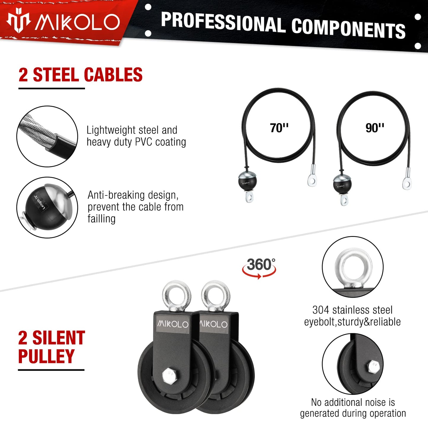 Mikolo Upgraded Weight Cable Pulley System Gym, LAT and Lift Pulley System, Cable Pulley Attachments with Adjustable Length Cable for Full Body Training, Home Gym Pulley System Set