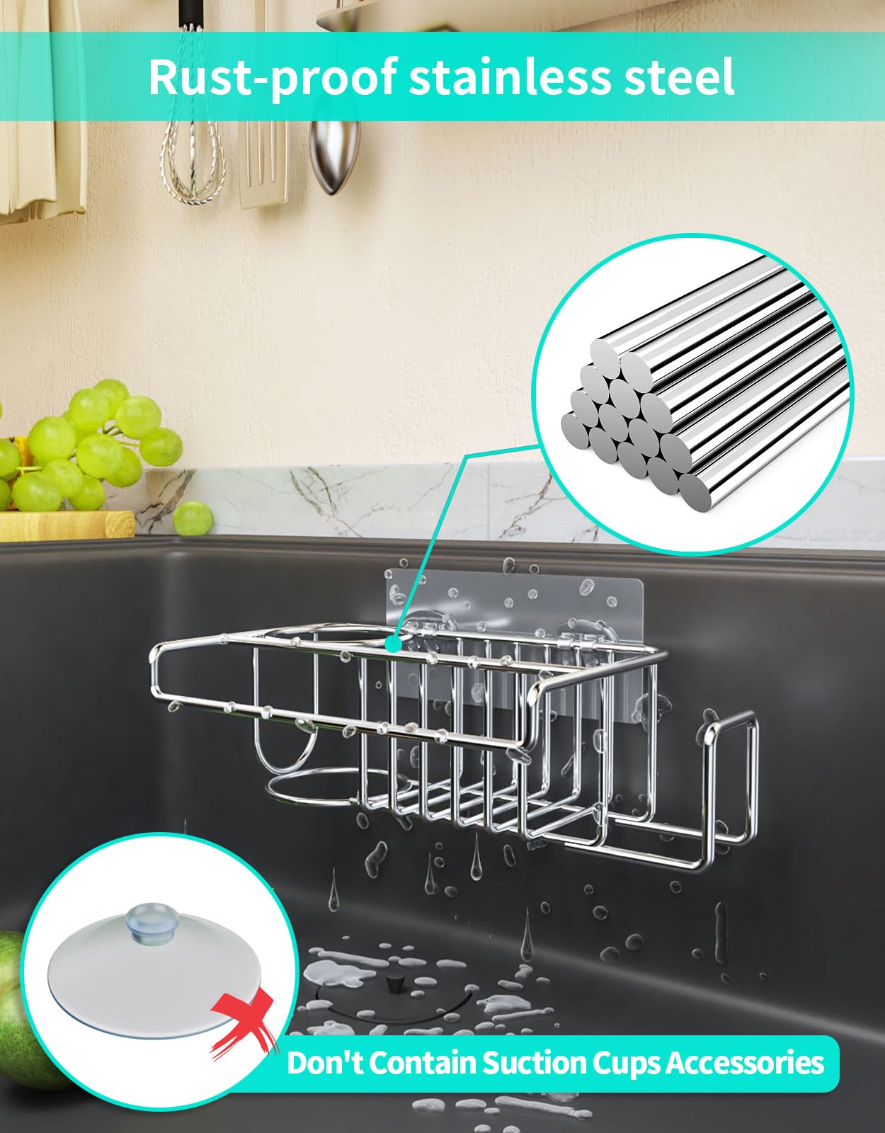 HapiRm 4 in 1 Adhesive Sink Caddy Sponge Holder, SUS304 Stainless Steel Sink Basket Brush Holder + Dish Cloth Hanger + Soap Rack + Sink Stopper Holder + Sponge Holder for Kitchen Sink - Silver