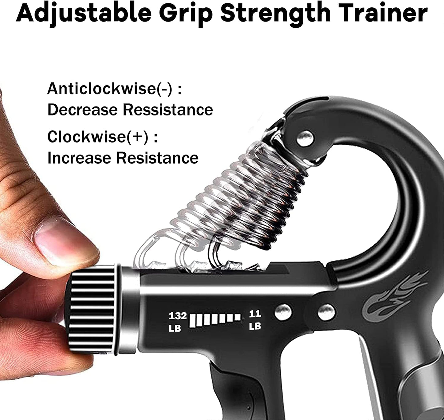 FLYFE Grip Strength Trainer, Plastic, 2 Pack 11-132 lbs, Forearm Strengthener, Hand Squeezer Adjustable Resistance, Hand Grip Strengthener for Muscle Building and Injury Recovery (Black)