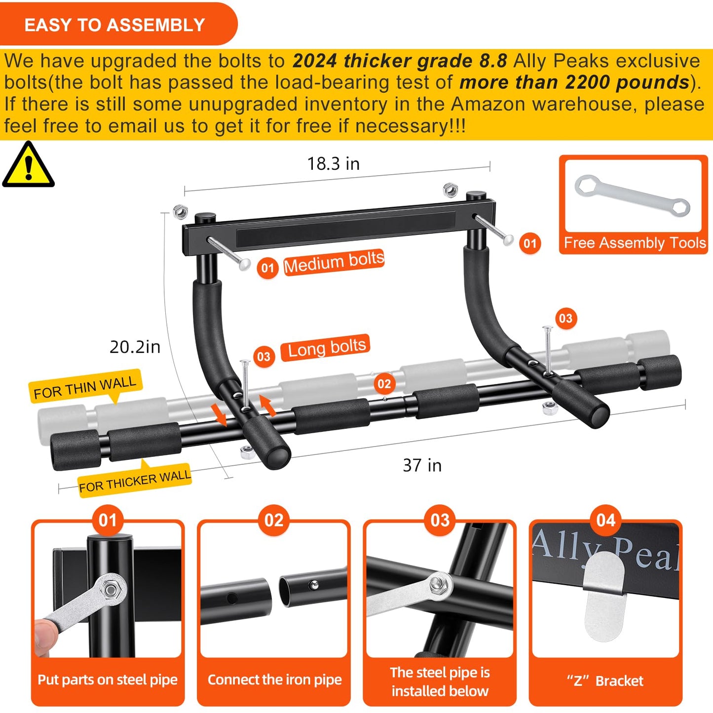 Ally Peaks Pull Up Bar for Doorway | Thickened Steel Max Limit 440 lbs Upper Body Workout| Multi-Grip Strength| Indoor Chin-Up Bar Fitness Trainer for Home Gym Portable