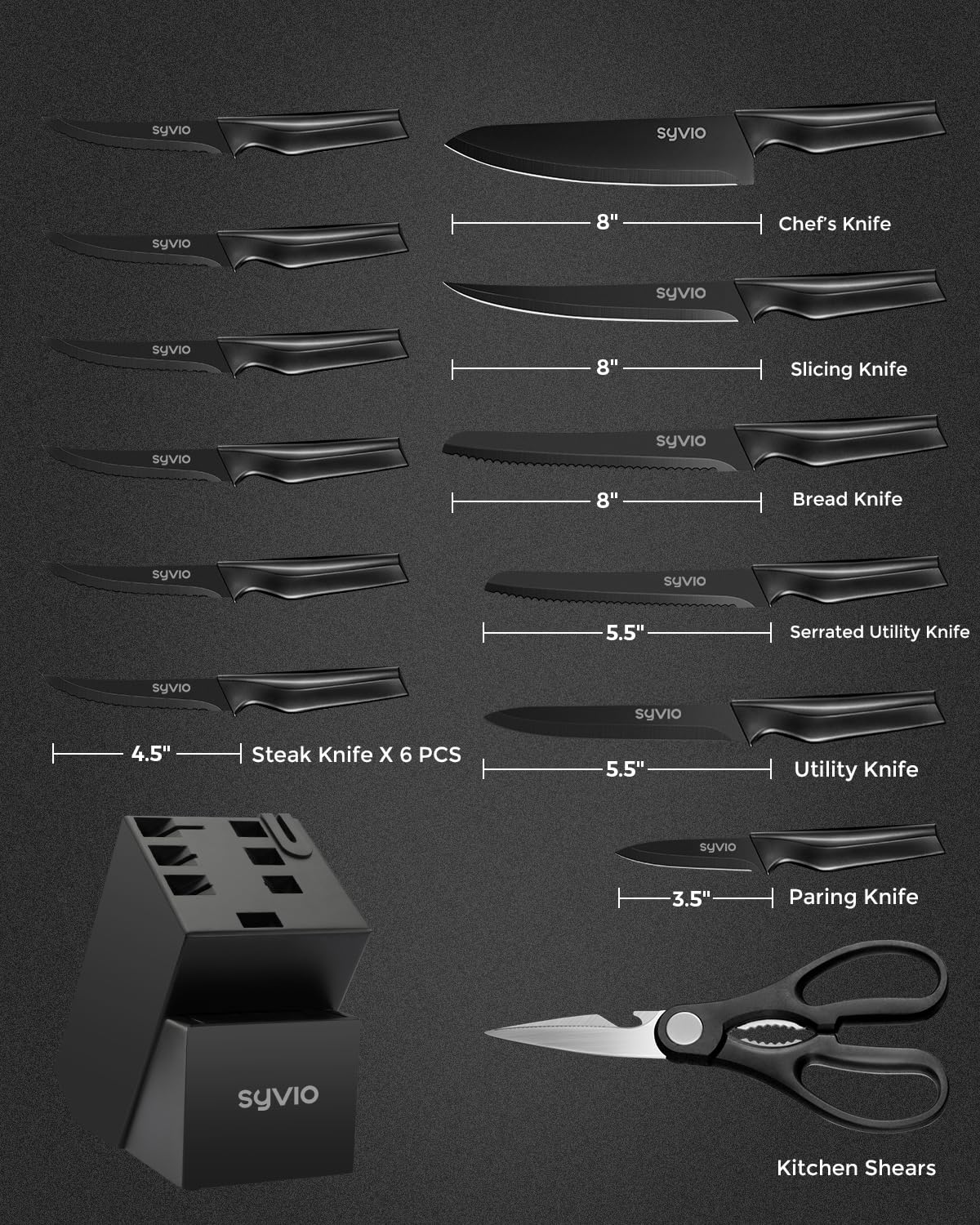 Knife Set, syvio 15pcs Knife Sets for Kitchen with Block and Sharpener, Razor-Sharp, Effortless Sharpening, Premium Kitchen Knives with Heavy Poultry Shears and 6pcs Serrated Steak Knives