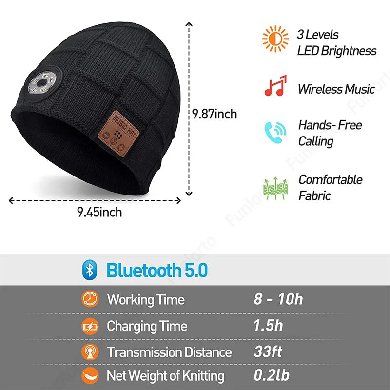 Gifts for Men Women Dad Unisex Bluetooth Beanie Hat with Light Musical Knitted Cap with Headphone Built-in Stereo Speakers Mic