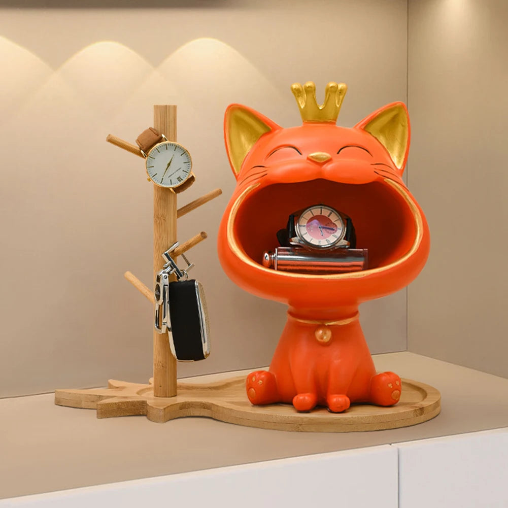 Fortune Cat Key Holder Figurine Candy Sundries Resin Animal Sculpture Non-toxic Harmless Household Supplies for Home Living Room