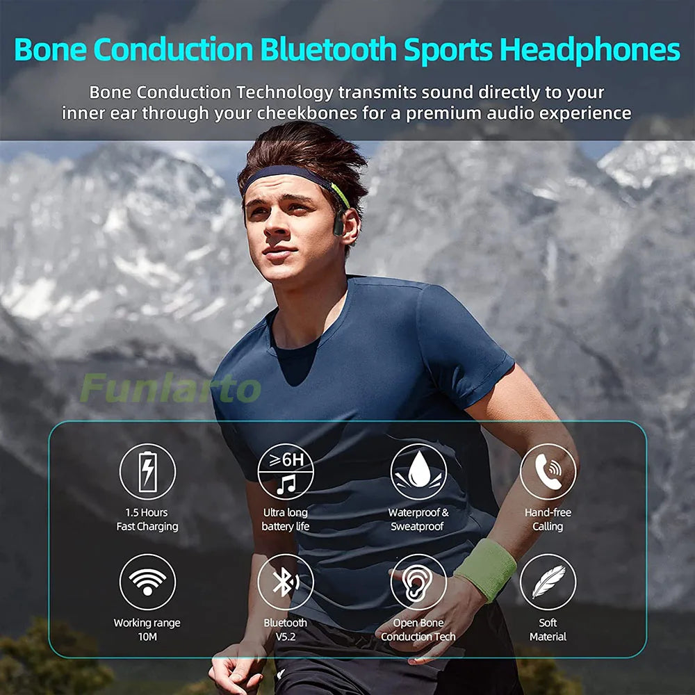 Bone Conduction Headphones Wireless Headphones Bluetooth 5.2 Open Ear Headphones with Microphones 6H Playtime Sweatproof Sports