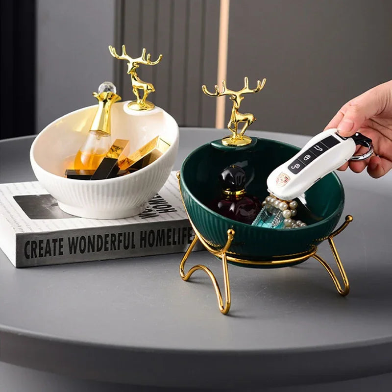 New Golden Deer Decorative Ceramic Storage Bowl Trays Porch Key Storage Tray Ornaments Door Living Room Cabinet Home Decorations