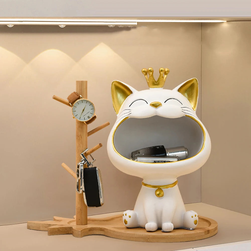 Fortune Cat Key Holder Figurine Candy Sundries Resin Animal Sculpture Non-toxic Harmless Household Supplies for Home Living Room