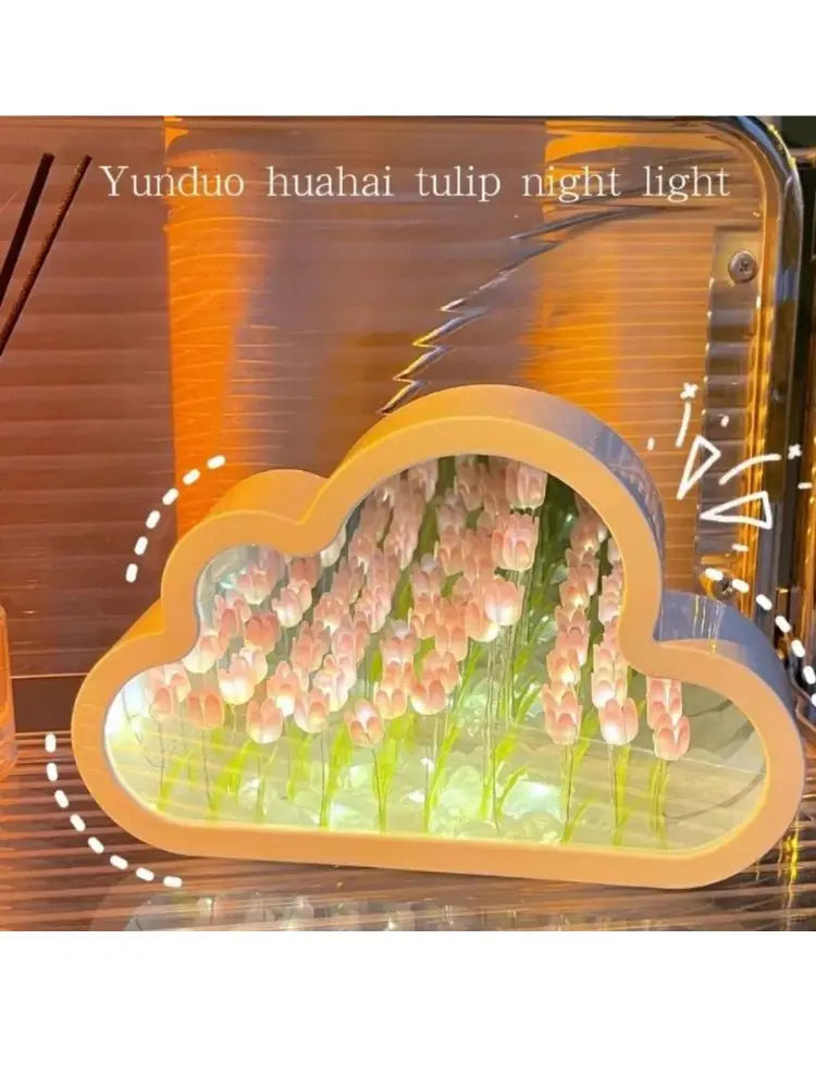 DIY Cloud Tulip LED Night Light Mirror Table Lamps Bedroom Ornaments Decoration Mirror Table Lamps Bedside Handmade Gift