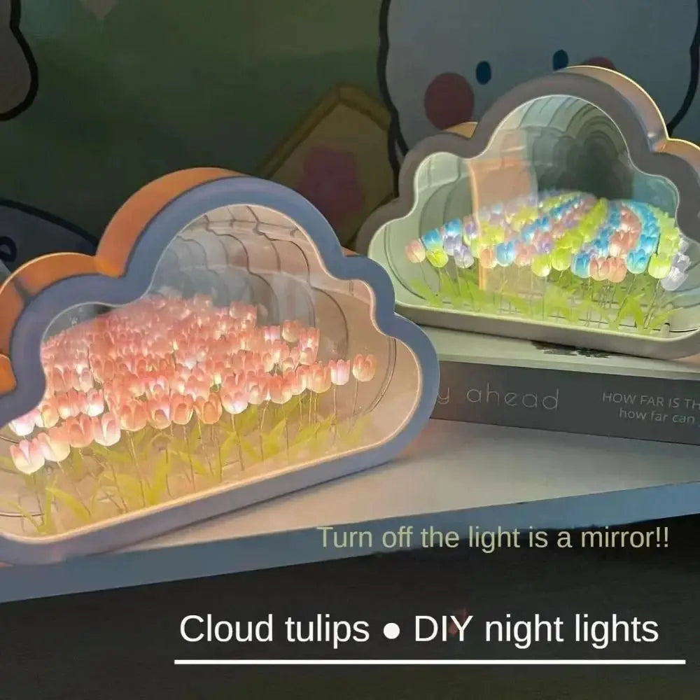 DIY Cloud Tulip LED Night Light Mirror Table Lamps Bedroom Ornaments Decoration Mirror Table Lamps Bedside Handmade Gift