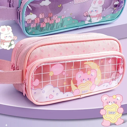 3 Layers Large Capacity Pencil Bag Stationery Aesthetic Transparent Grid Pen Case Girl Zipper Pencil Pouch School Supplies