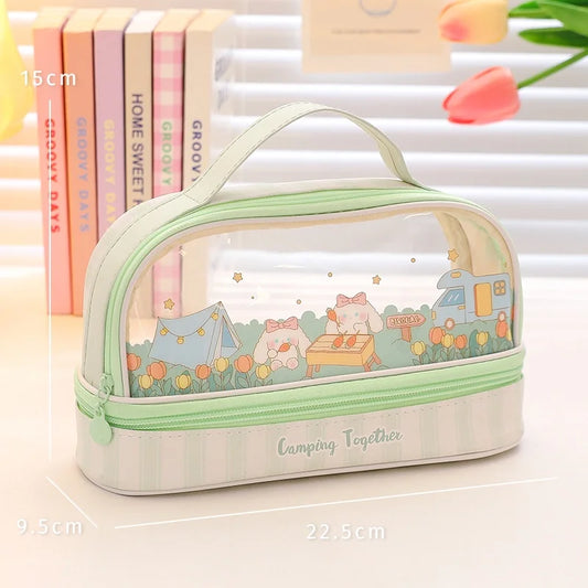 Pencil Case Double Layer Large Capacity Pen Bag Cartoon Portable Box School Student Supplies Stationary Organizer