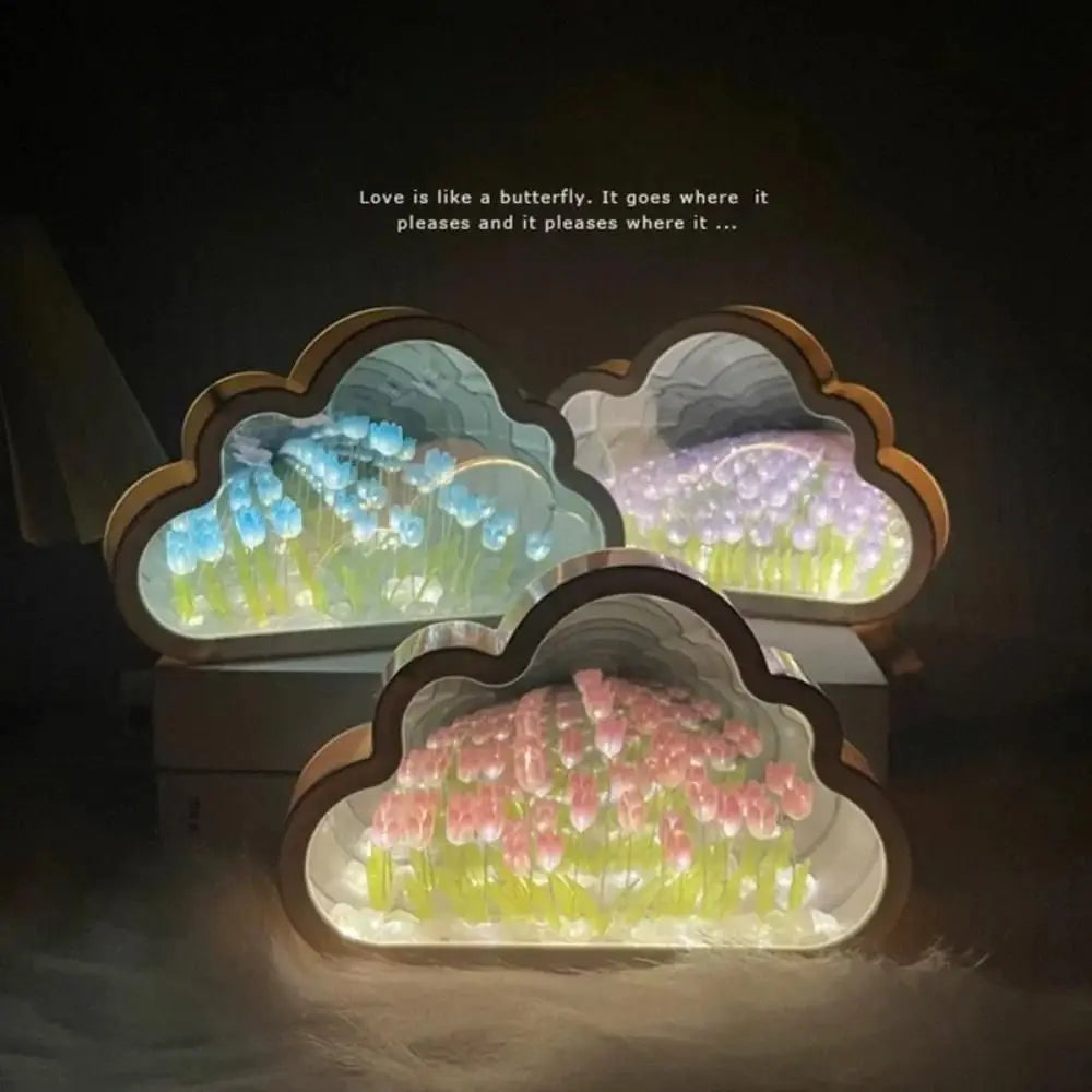 DIY Cloud Tulip LED Night Light Mirror Table Lamps Bedroom Ornaments Decoration Mirror Table Lamps Bedside Handmade Gift