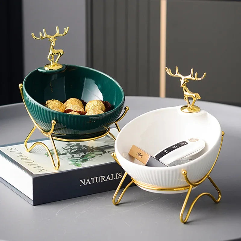 New Golden Deer Decorative Ceramic Storage Bowl Trays Porch Key Storage Tray Ornaments Door Living Room Cabinet Home Decorations