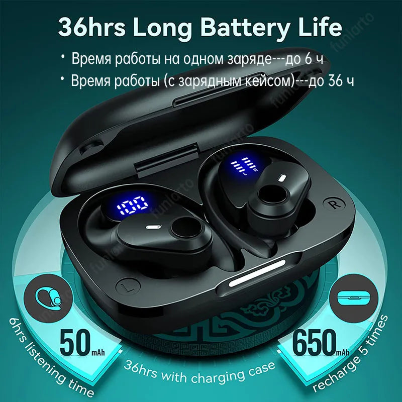 Wireless Bluetooth Headset Sports TWS Bluetooth Earphones with Microphones Deep Bass 36H IPX7 Waterproof Bluetooth Headphones