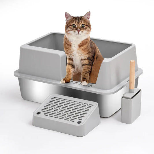 Extra Large Stainless Steel Cat Litter Box with High Wall Enclosure Non-Stick Leak Proof Easy To Clean Pet Toilet Includes Lid