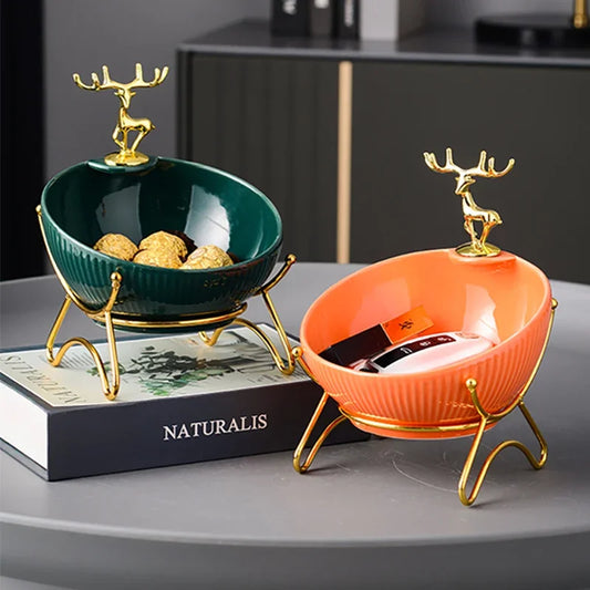 New Golden Deer Decorative Ceramic Storage Bowl Trays Porch Key Storage Tray Ornaments Door Living Room Cabinet Home Decorations