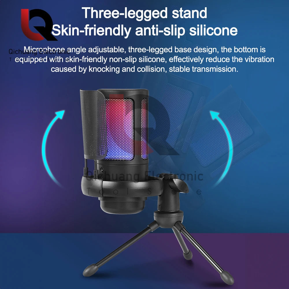 USB Condenser Gaming Microphone for PC PS4 Phone with Touch Mute Singing Noise Reduction RGB Lighting Capacitor Microphone Set