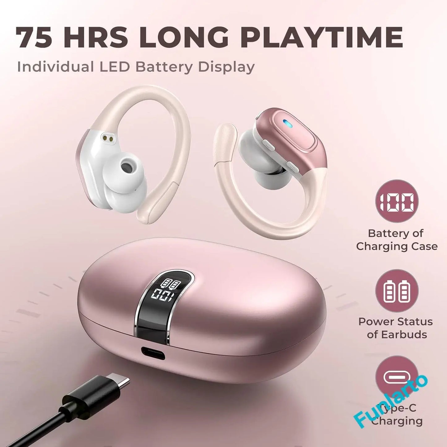 Wireless Earbuds Bluetooth 5.3 Gym Ear Buds with Ear-Hooks Earphones for iPhone Android 75Hrs Waterproof Wireless Earphones