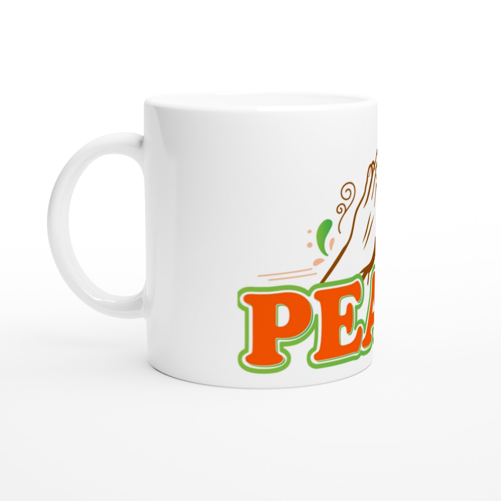 White ceramic cup with the hand claps in prayer and the word peace written in burnt orange and green