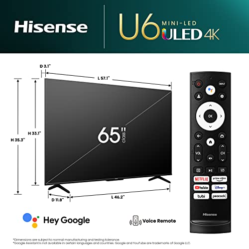 Hisense 65-Inch Class U6 Series Mini-LED ULED 4K UHD Google Smart TV (65U6K, 2023 Model) - QLED, Full Array Local Dimming, HDR 10+, Dolby Vision IQ, VRR Game Mode, 240 Motion Rate, Alexa Compatibility