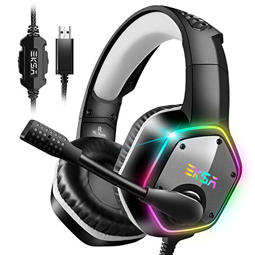 EKSA E1000 USB Gaming Headset for PC, Computer Headphones with Microphone/Mic Noise Cancelling, 7.1 Surround Sound, RGB Light - Wired Headphones for PS4, PS5 Console, Laptop, Call Center